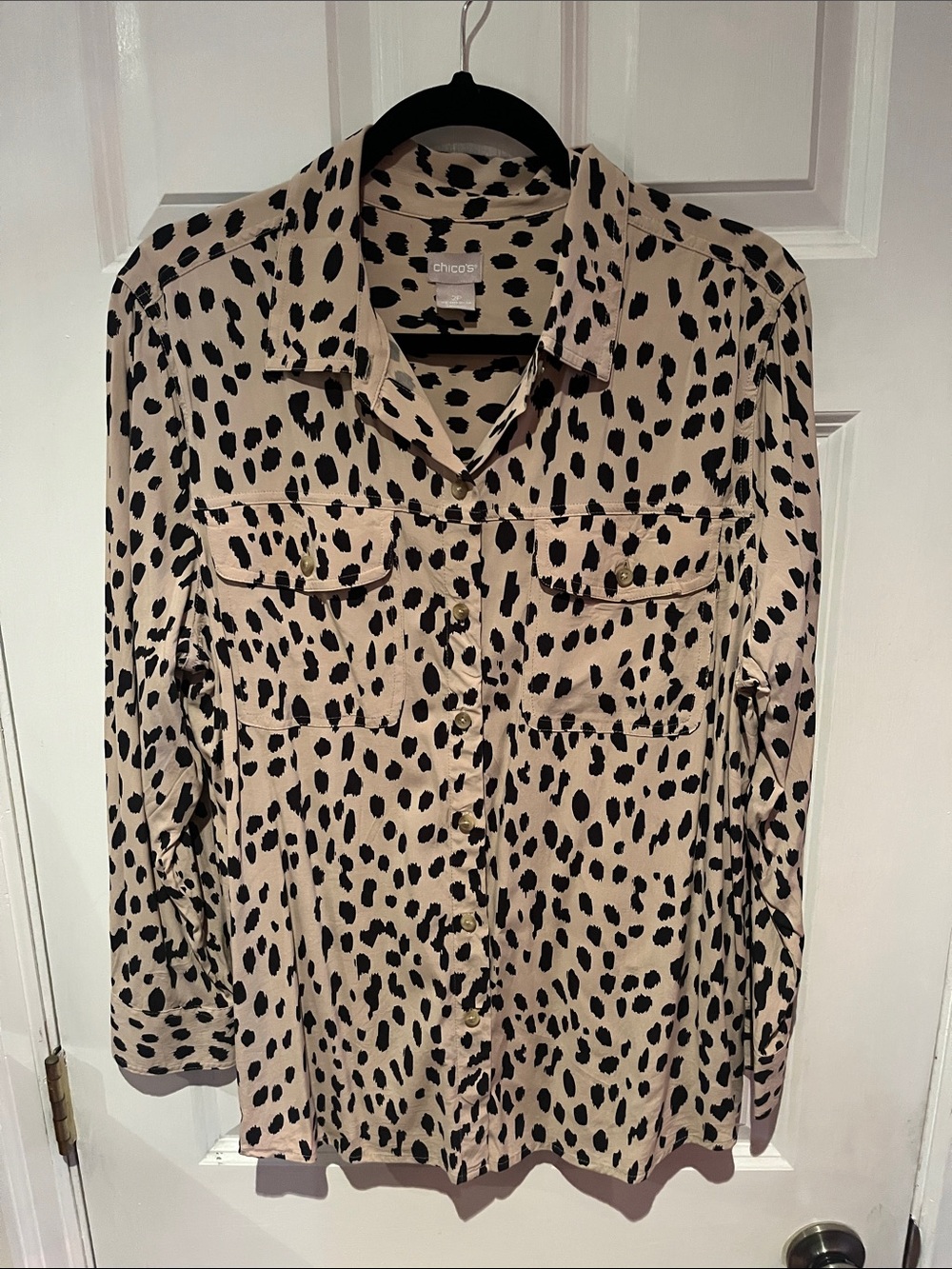 Chico's Tan and Black Spotted Button-Down Shirt